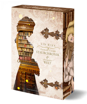 Das Cover zeigt in der linken Hälfte die Silhouette einer Frau im Seitenprofil. In der Silhouette sind Bücherregale aus Holz abgebildet, welche mit Büchern gefüllt sind. Der Titel befindet sich mittig auf der rechten Seite. Oberhalb und unterhalb des Titels befinden sich pfeilartige Verzierungen. Die Grundfarbe ist Rosa. Der Farbschnitt zeigt eine blonde Frau, welche sich ein aufgeschlagenes Buch halb über das Gesicht hält. Im Hintergrund sind weitere Bücherregale abgebildet.